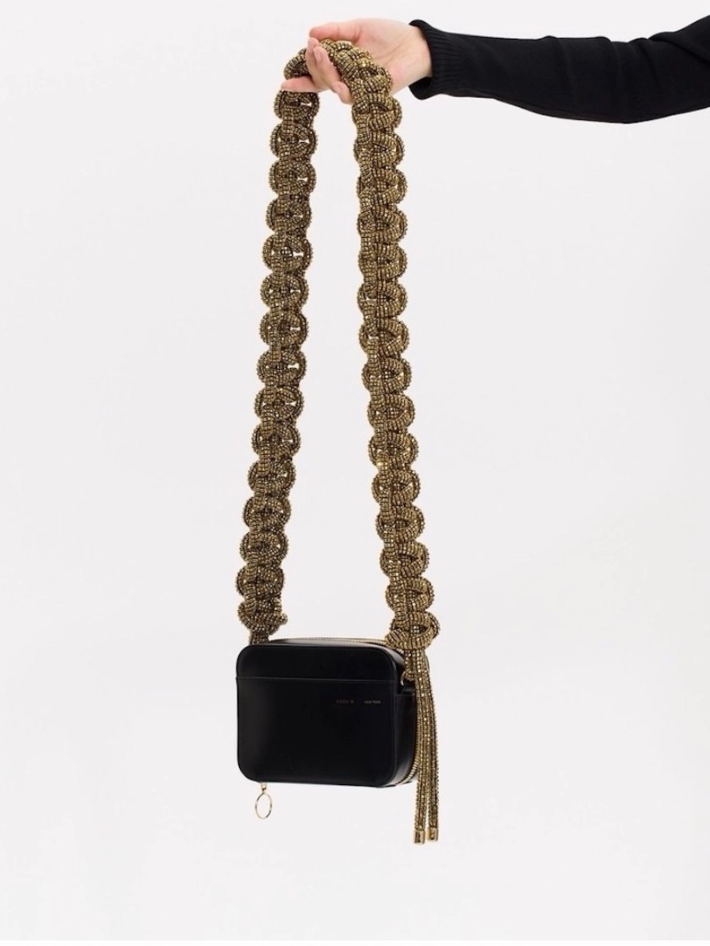 Black Crossbody Camera Bag with Decorative Gold Rope Strap - Picture 3 of 8